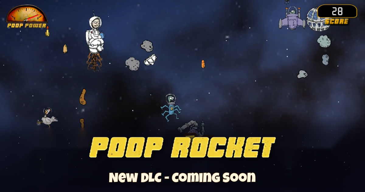 Poop Rocket logo over gameplay art, New DLC coming soon, Smigo's Journey